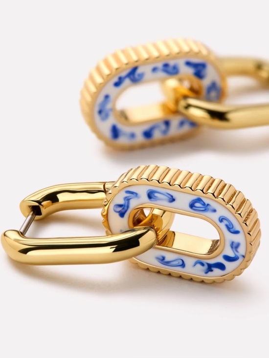 Jewelry - Gold Link Drop Earrings with White & Blue Enamel